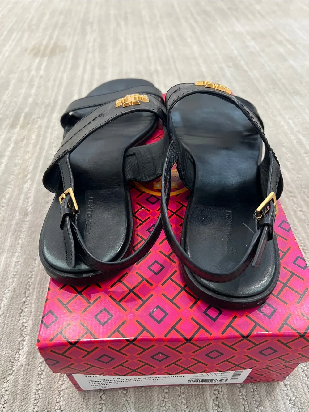 Tory Burch Black Leather Slingback Sandals with Gold Logo Emblem
